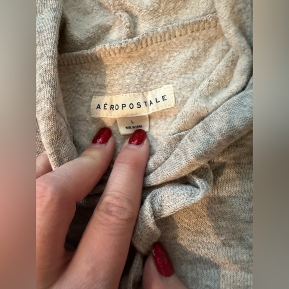 AEROPOSTALE L Gray Pullover Hoodie Navy Pink Cursive Logo Sweatshirt R $45 - Picture 3 of 7